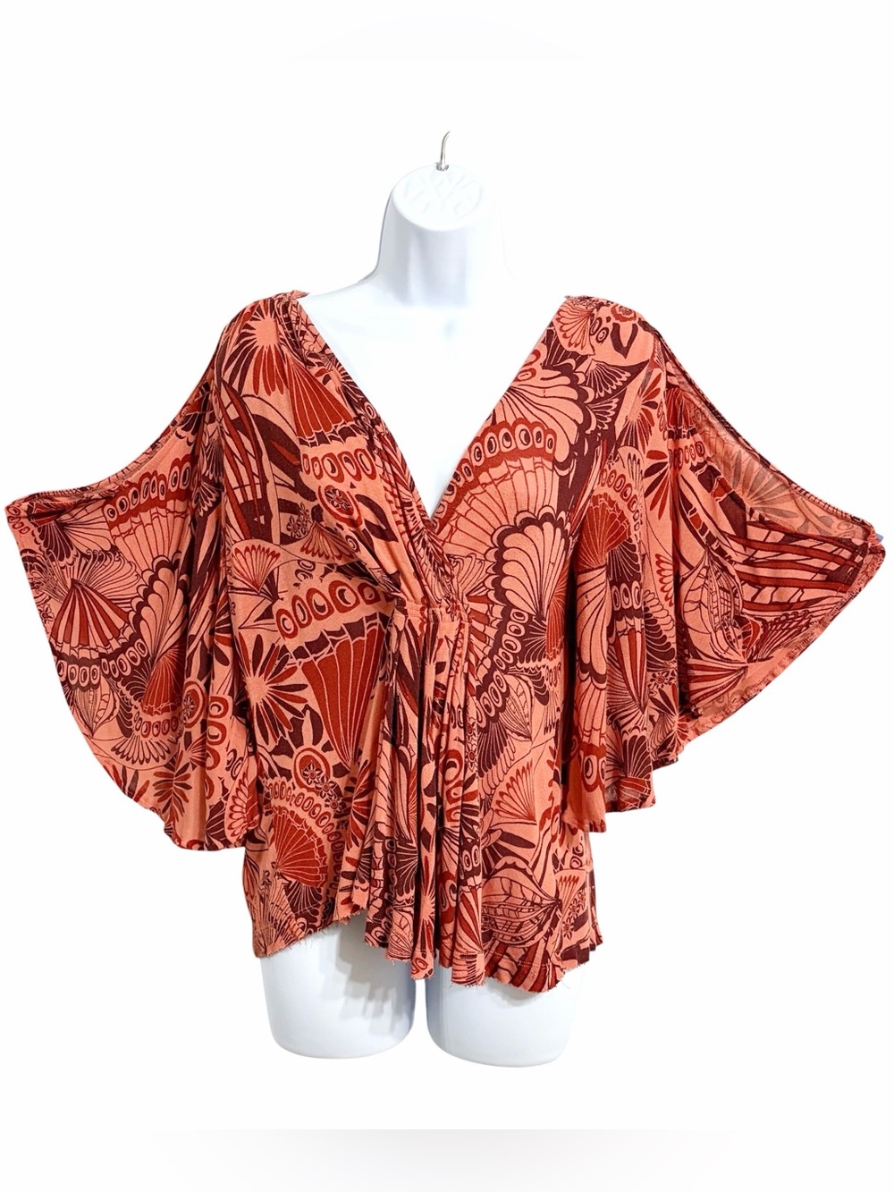 Free People Amour Fairy Split Flutter Sleeve Top S Coral Boho Floral Concert